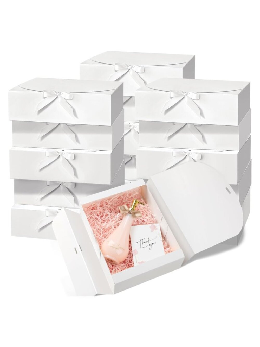 15 Pack White Gift Boxes with Lids 10.6x7.8x3.1 Cardboard Ribbon